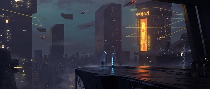 Cyberpunk Cyber City with Flying Vehicles