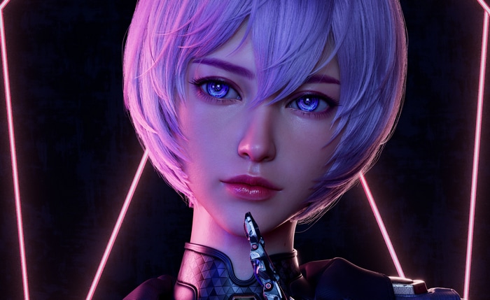 Cyberpunk woman with purple hair and blue eyes