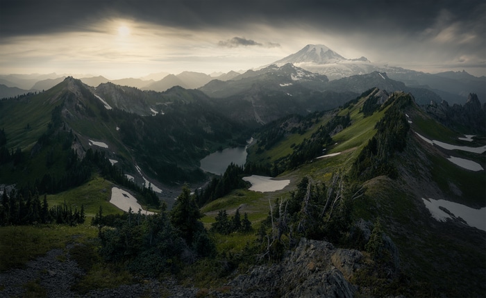 Mount Rainier and alpine lake in North Cascades National Park