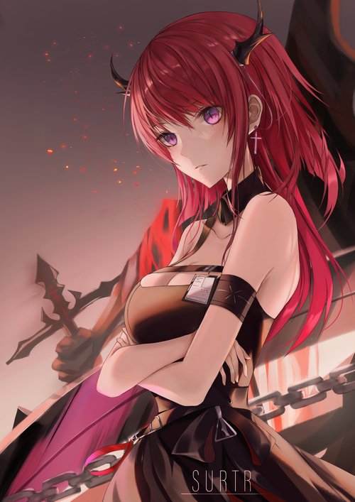 Surtr from Arknights with horns and purple eyes