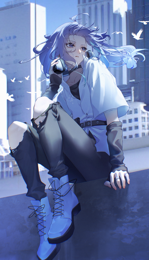 Anime character with blue hair and headphones