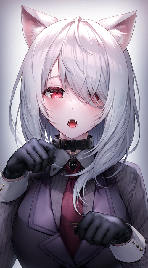 Cat girl with white hair and red eyes wearing a suit