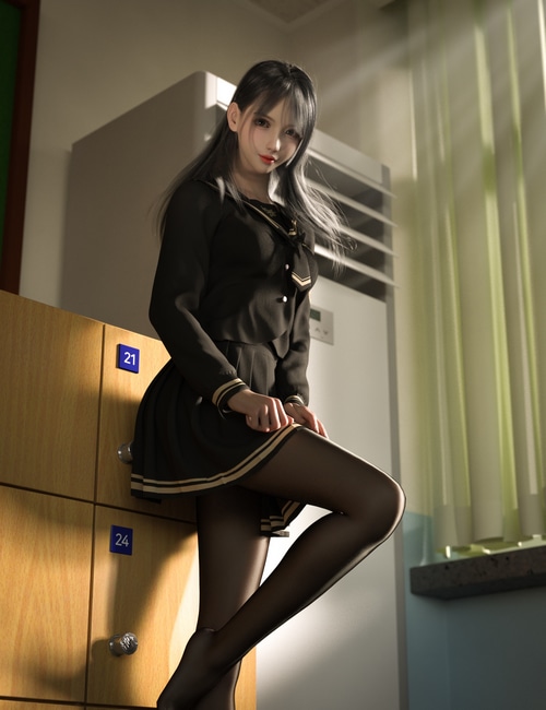 Schoolgirl in uniform and pantyhose by lockers