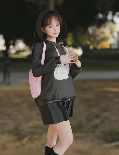 Asian girl with backpack wearing a hoodie
