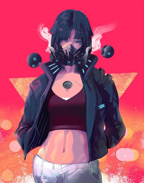 Woman in futuristic mask and jacket