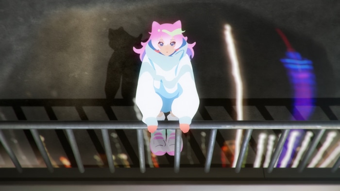 Girl with pink hair sitting on a railing