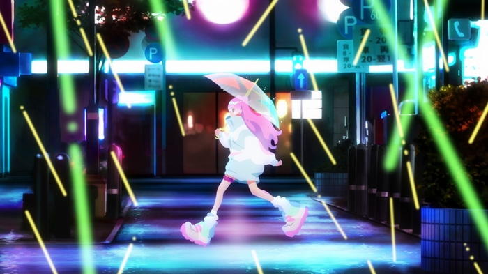 Girl with pink hair holding an umbrella in a neon city