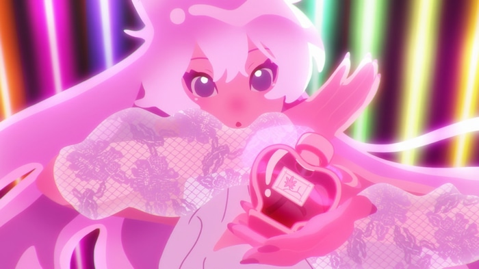 Pink character holding a heart-shaped bottle