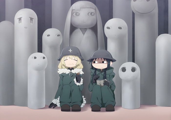 Shoujo Shuumatsu Ryokou: Two girls among statues