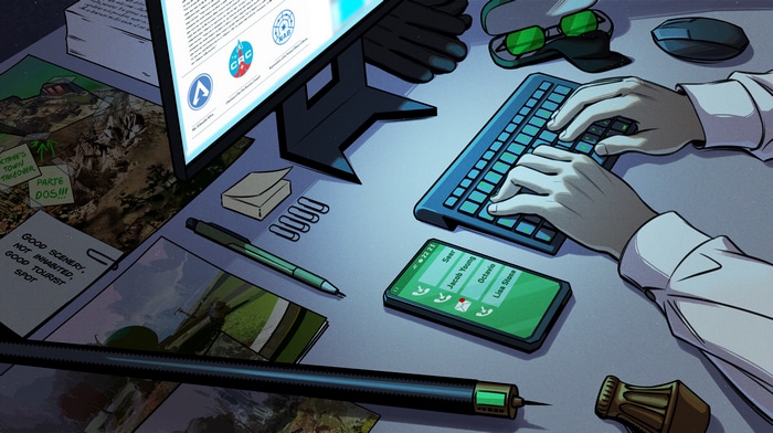 Person typing on keyboard at desk with computer and phone