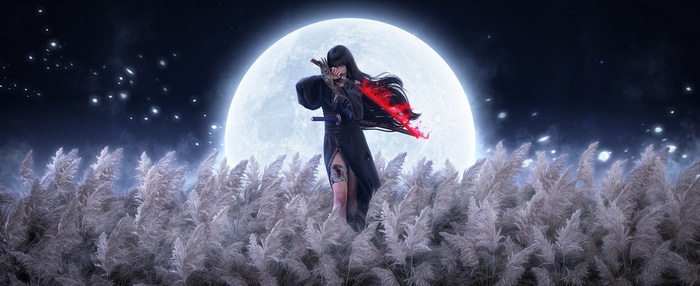 Woman with katana in a field under the moon