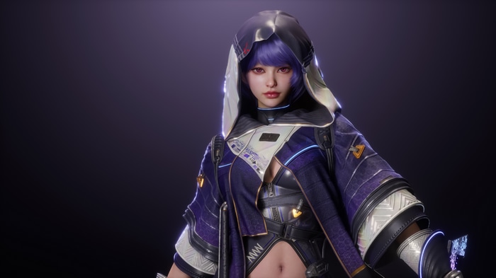 4K Fantasy Art of a Woman with Pink Eyes and Blue Hair
