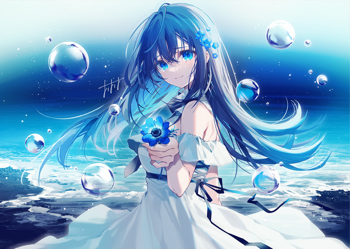 Blue-haired girl with blue flower and bubbles