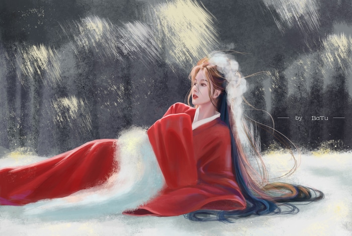 Woman in red dress lying in snow