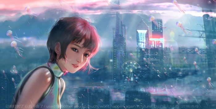 Fantasy girl with jellyfish in futuristic city by hiLiuyun