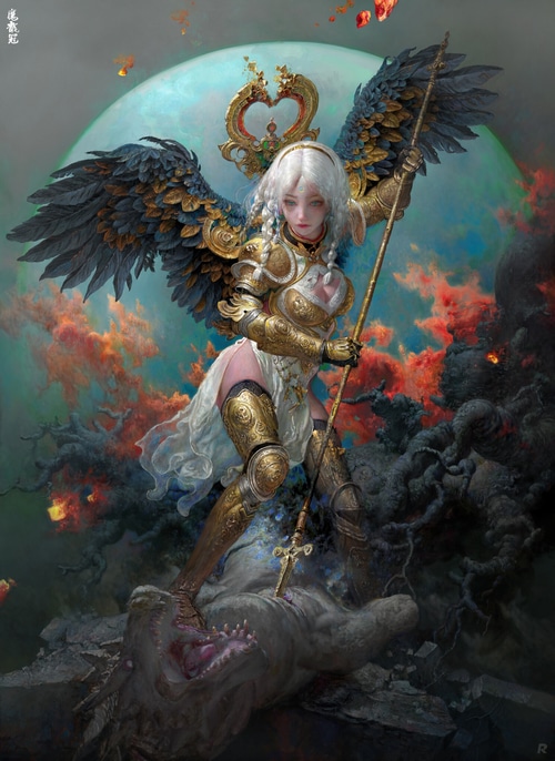 Ruan Jia's armored angel with spear defeats creature