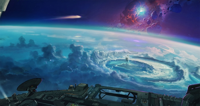 Space view of a planet with clouds and a celestial event