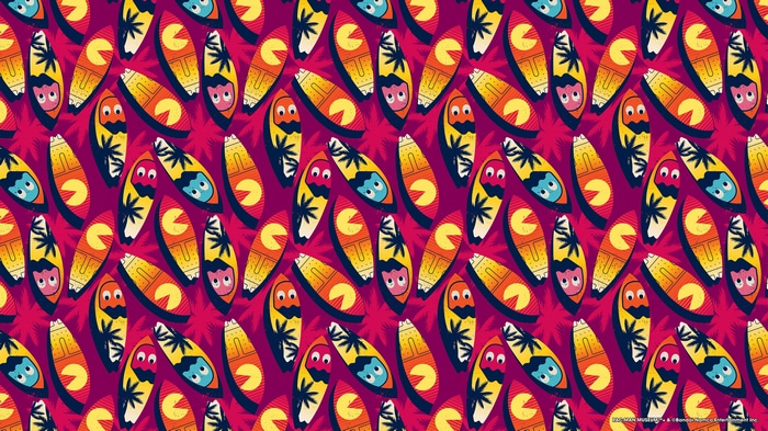 Pac-Man Pattern with Surfboards and Palm Trees