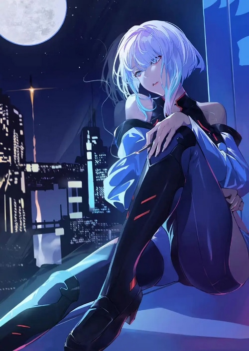 Lucy from Cyberpunk: Edgerunners sits by a window at night