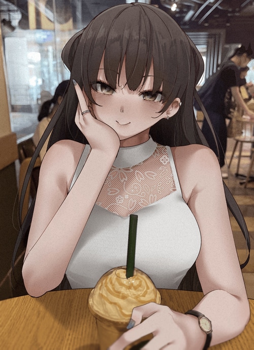 Anime girl with brown hair and drink