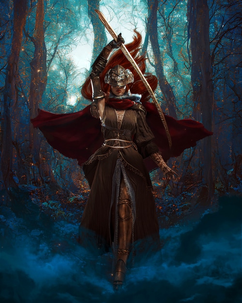 Malenia from Elden Ring with sword in forest