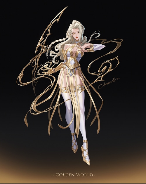 Fantasy art of a blonde woman with pointy ears in golden armor