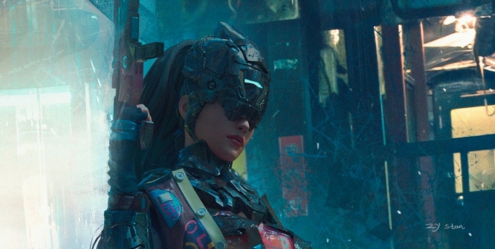 Cyberpunk woman with a machine gun