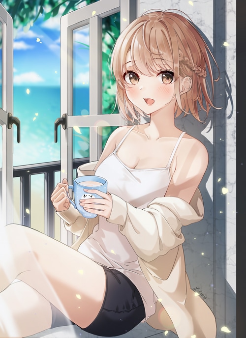 Girl with braids holding a mug by the window