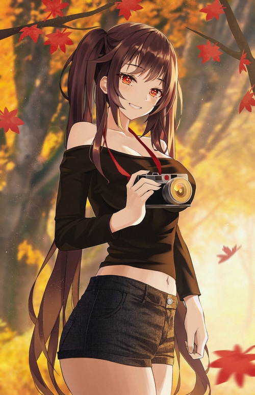 Hu Tao from Genshin Impact holding a camera in fall