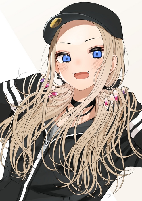 Anime girl with blonde hair and blue eyes wearing a hat
