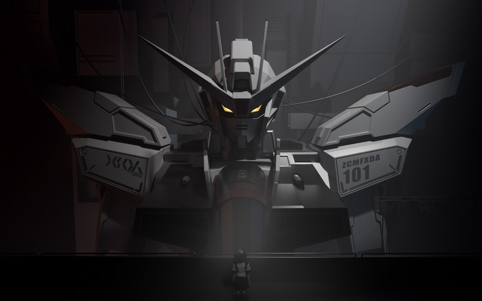 Giant Gundam mech looms over a small figure