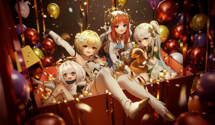 Genshin Impact characters in a gift box with balloons