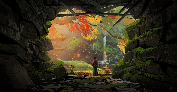 Samurai in a mossy cave overlooking a Japanese garden