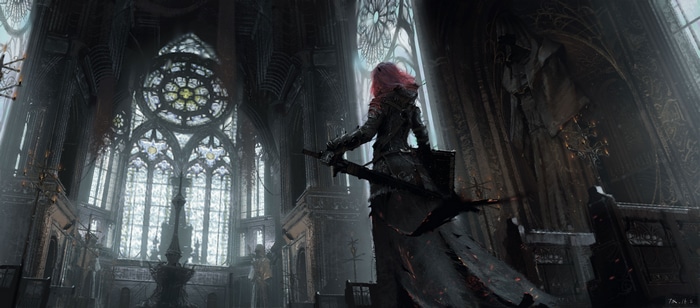 Fantasy warrior with sword and shield in a gothic cathedral