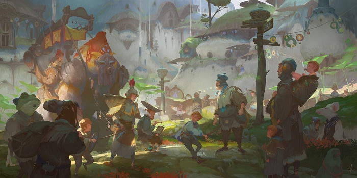 Fantasy village festival with diverse characters and creatures