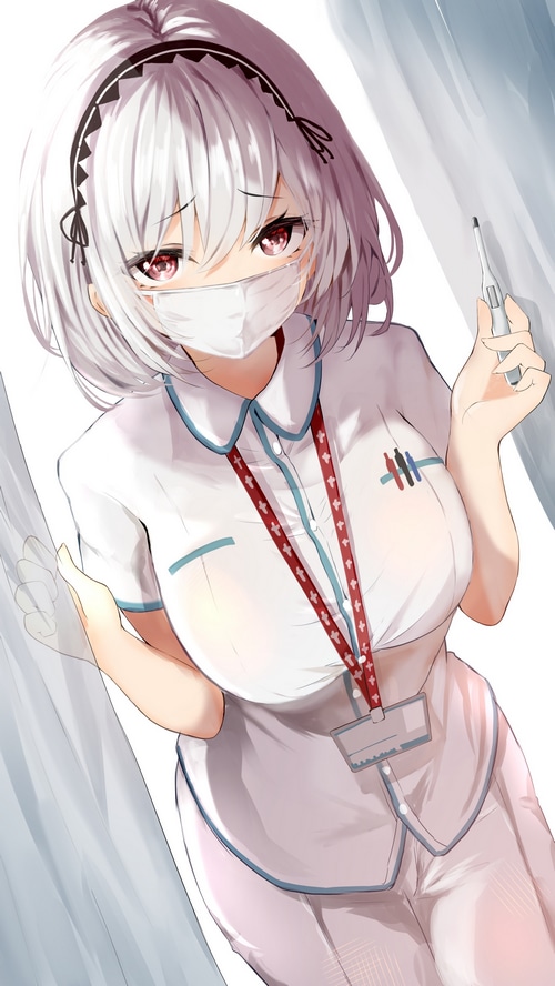 Nurse with white hair and mask holding thermometer