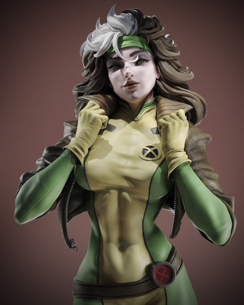 Rogue from X-Men, a superheroine with multi-colored hair