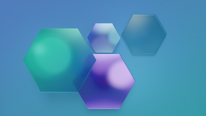 Glassmorphism hexagons on a blue gradient background