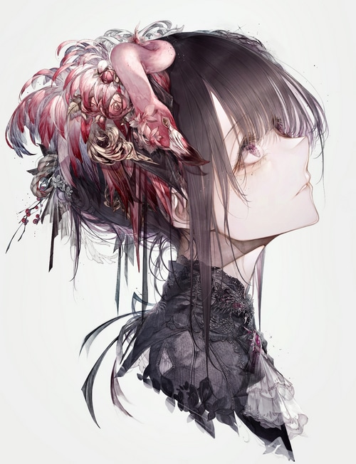 Anime girl with flamingo and floral hair ornament