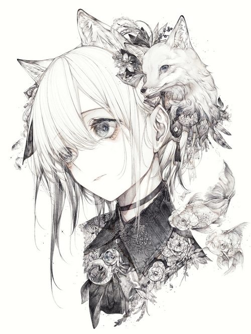 Anime girl with fox ears and a fox companion