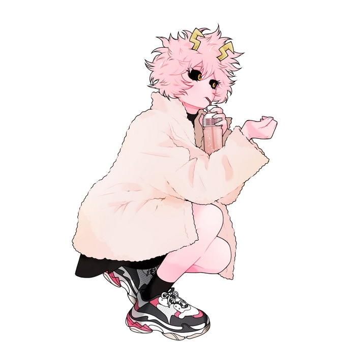 Ashido Mina drinking with horns and pink hair