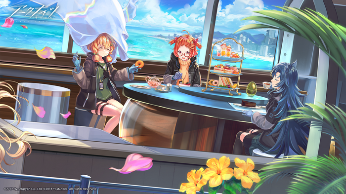 Arknights characters enjoying tea by the sea