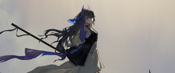 Girl with scythe and blue mask in Arknights