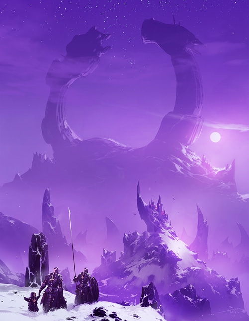 Fantasy art of knights in a snowy, purple landscape