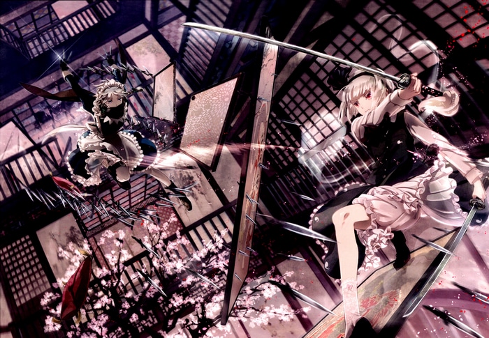 4K Touhou: Izayoi Sakuya and Konpaku Youmu fighting with katanas