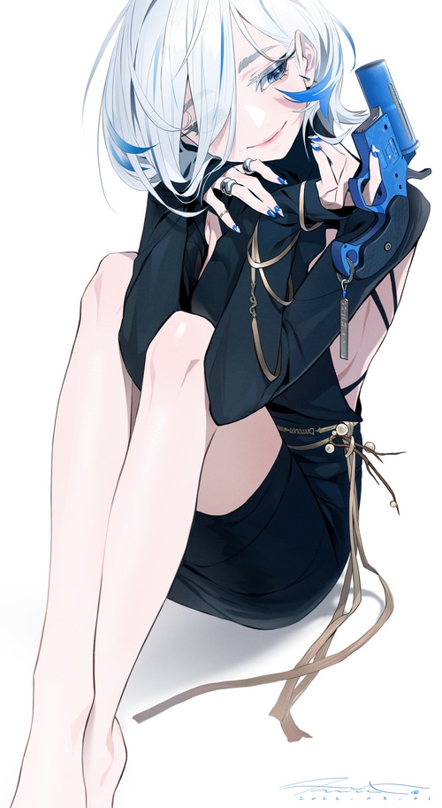 Girl with blue gun and white hair