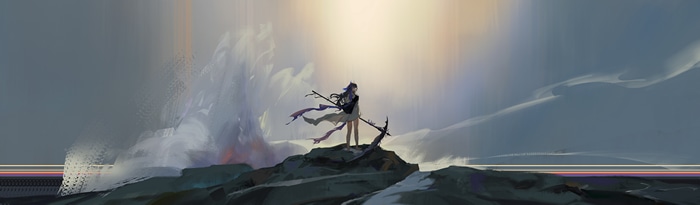 4K Arknights character with scythe on rocks