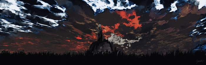 4K artwork of a figure on a hill under a red sky