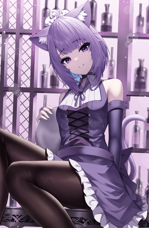 Nekomata Okayu in a purple maid outfit with cat ears