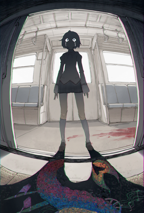 Miki Sayaka crying on a train with bloodstains